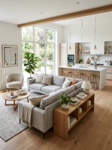 Sofa placement dividing open kitchen and living room