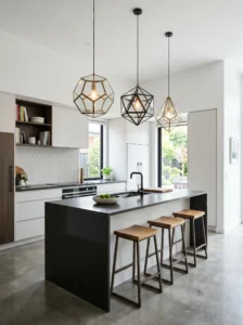 Geometric pendant lights adding artistic touch to modern kitchen island