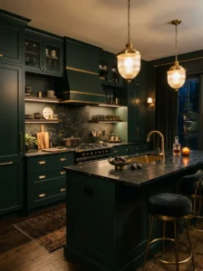 Dark moody kitchen design with green cabinets and gold accents