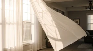 Sheer white curtains creating a bright and airy living room feel