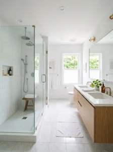 White bathroom with glass shower creating a clean and open space