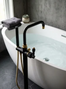 Bathtub with stylish statement faucet in modern bathroom design