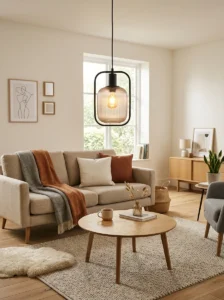 Scandinavian living room pendant light clean focal point