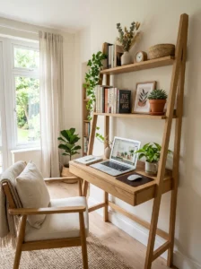 Ladder desk in living room using vertical space