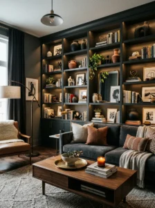 Dark built-in shelving with styled decor in modern living room