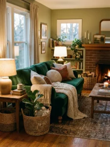 Green couch with layered textures cozy living room