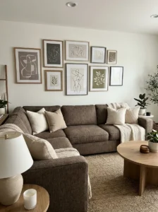 Brown couch with a gallery wall creating a stylish focal point