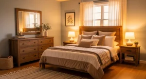 Light blue and wood combination creating a warm peaceful bedroom