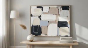 Leaning artwork on behind sofa table