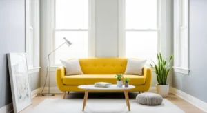 Yellow sofa in a small living room creating a bright and open feel
