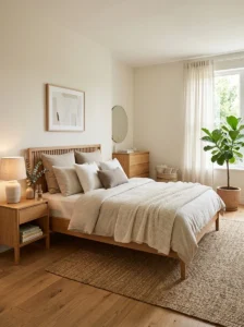 Men’s bedroom with natural wood and plants for a clean and balanced design