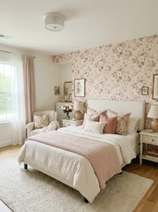 Floral pink wallpaper in bedroom with soft romantic decor