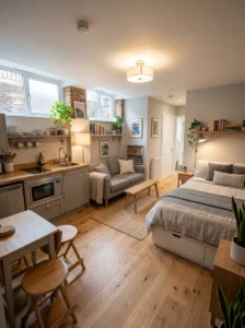 “Basement studio apartment with compact and modern layout”
