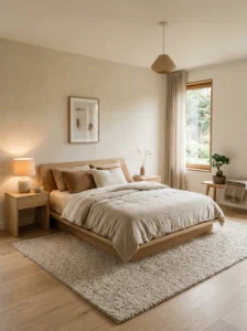 Neutral area rug in Japandi bedroom adding warmth and texture