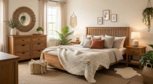 Wooden elements adding warmth to a boho bedroom
