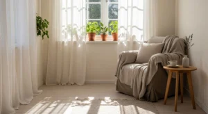 Light curtains making a guest room office feel airy and bright