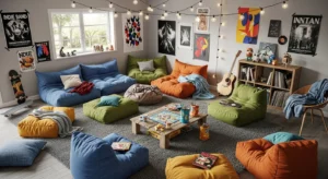 Floor seating creating a relaxed and cozy teen bedroom