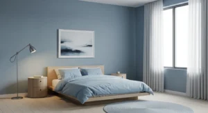 Minimal blue bedroom creating a calm and uncluttered space
