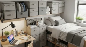 Foldable storage boxes helping keep a dorm room organized