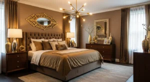 Brown and gold accents adding warmth and elegance to a bedroom