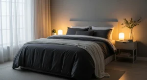 Dark grey bedding creating a cozy modern bedroom