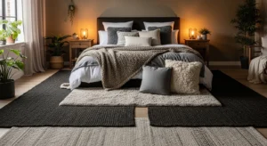 Layered dark rugs adding warmth and depth to a bedroom