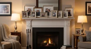 Personal photo display on fireplace mantle