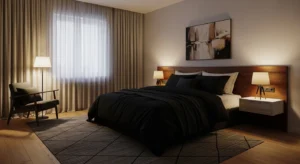 Black bedding creating a bold and cozy bedroom look