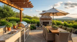 Outdoor kitchen combined with dining area