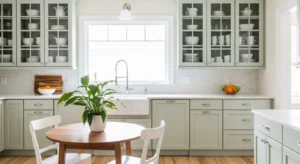 Glass cabinets adding elegance to a farmhouse kitchen