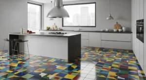 Multicolor tile flooring creating a unique kitchen design