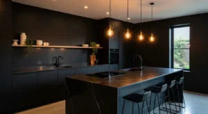Black walls creating a dramatic kitchen look