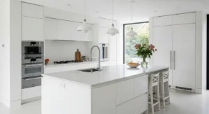 White kitchen island acting as a functional centerpiece