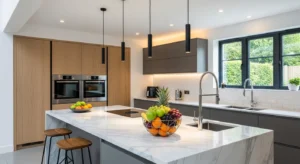 Pendant lighting enhancing a kitchen island