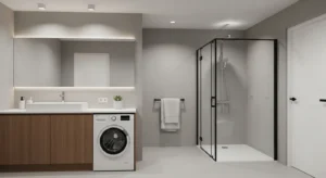 Minimalist washing machine setup in modern bathroom