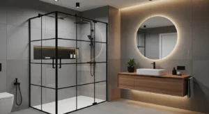 Black shower frame defining bathroom space