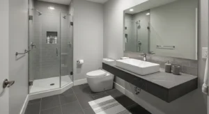 Small grey bathroom with efficient design