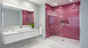 Pink shower tiles creating a focal point