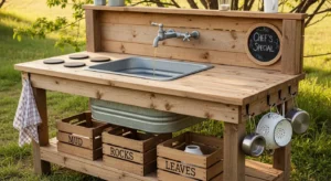 Farmhouse style mud kitchen in backyard