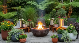 Planters adding greenery to fire pit area