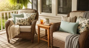 Throw pillows making porch seating cozy