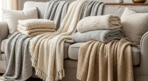 Cozy throw blankets in boho living room