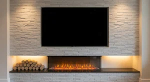Fireplace and TV creating cozy focal point