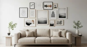 Beige sofa with artwork creating a stylish focal wall