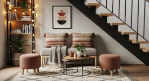 Under stairs compact seating area with cozy bench