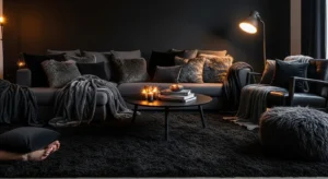 Soft textiles making black living room feel cozy and inviting