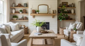 Open shelving displaying decor in farmhouse living room