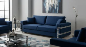 Blue sofa with metallic accents adding modern touch