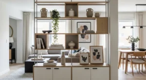 Open shelving acting as divider in living dining combo