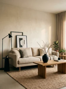 Japandi living room with subtle dark accents and neutral tones